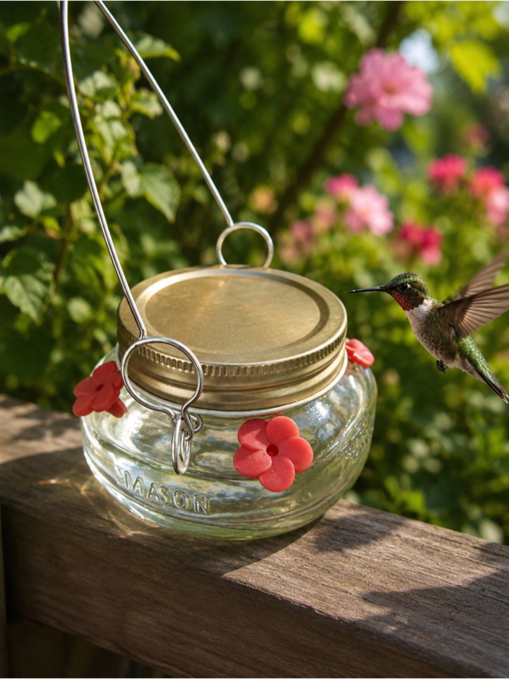 Mason Glass Hummingbird Feeder with Gold Lid and Coral Flower Ports